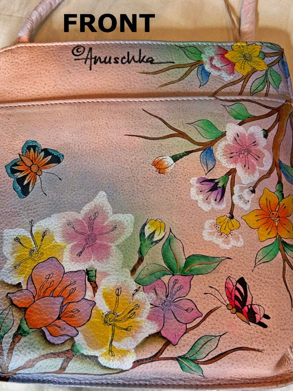 MINI CROSSBODY, PINK/DAPPLED GREY WITH HAND PAINTED BUTTERFLIES & FLOWERS, 9 In.